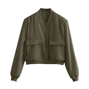 Zeagoo Women's Cropped Bomber Jacket Long Sleeve Casual Outwear with Pockets
