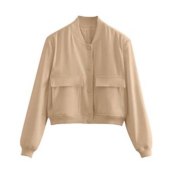 Zeagoo Women's Cropped Bomber Jacket Long Sleeve Casual Outwear with Pockets