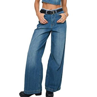 Women's High Waisted Stretchy Wide Leg Jeans Seamed Front Straight Leg Loose Denim Pants