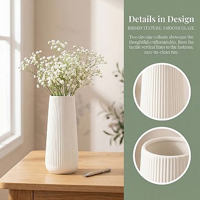 Ribbed Ceramic Vase for Flowers, Modern Decorative Flower Vase, Matte Fluted Vase for Centerpiece