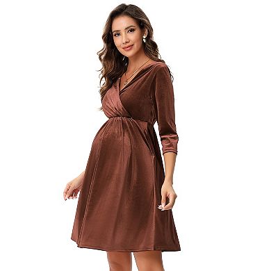 Women's Maternity 3/4 Sleeve V Neck A Line Midi Dress