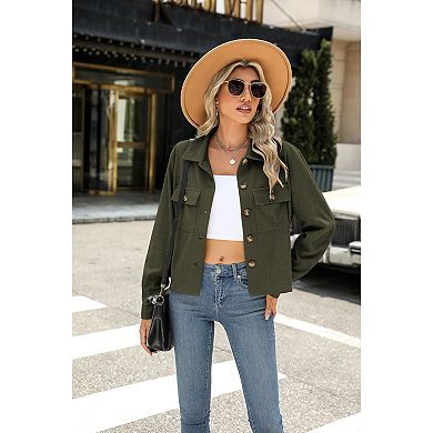 Zeagoo Women's Cropped Corduroy Shacket Jacket Long Sleeve Lapel Button Down Crop Tops