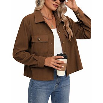 Zeagoo Women's Cropped Corduroy Shacket Jacket Long Sleeve Lapel Button Down Crop Tops