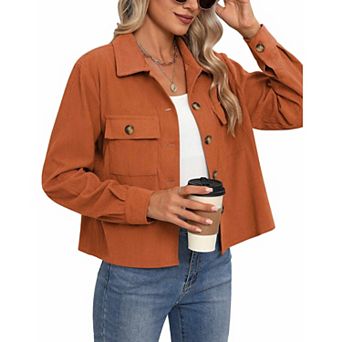 Zeagoo Women's Cropped Corduroy Shacket Jacket Long Sleeve Lapel Button Down Crop Tops
