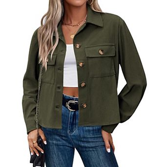 Zeagoo Women's Cropped Corduroy Shacket Jacket Long Sleeve Lapel Button Down Crop Tops