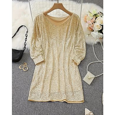 Women's Sequin Batwing Sleeve Mini Dress Elegant Glitter Loose Backless Party Dress