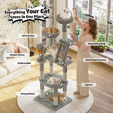 72in Cactus Cat Tree Tall Cat Tower for Indoor Kittens & Large Cats, Multi-Level Activity Center