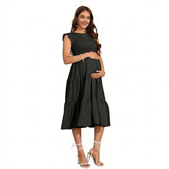 Women's Maternity Dress Cap Sleeve High Waist Pregancy Midi Dresses For Baby Shower Photographty