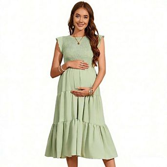 Women's Maternity Dress Cap Sleeve High Waist Pregancy Midi Dresses For Baby Shower Photographty