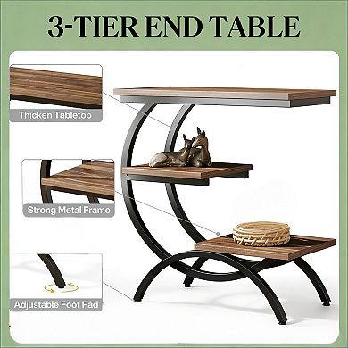3-Tier Chic C-Shaped End Table, Industrial Side Table with Matte Black Metal Frame for Home