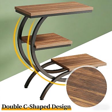 3-Tier Chic C-Shaped End Table, Industrial Side Table with Matte Black Metal Frame for Home