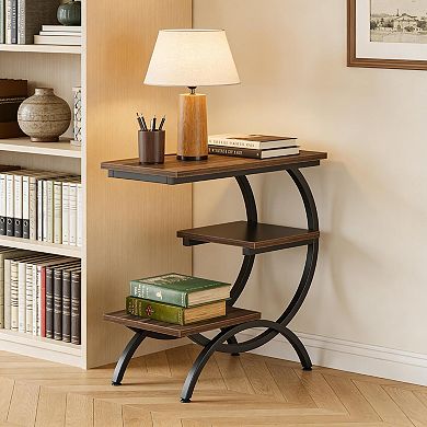 3-Tier Chic C-Shaped End Table, Industrial Side Table with Matte Black Metal Frame for Home