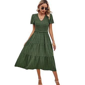 Women Casual Summer Short Sleeve Smocked Midi Dresses Bohemian Polka V Neck Wedding Guest Dresses