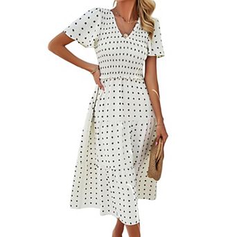 Women Casual Summer Short Sleeve Smocked Midi Dresses Bohemian Polka V Neck Wedding Guest Dresses