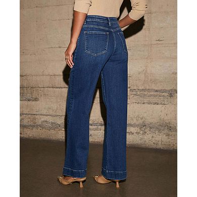 Women's Wide Leg Jeans High Waisted Straight Leg Stretchy Denim Pants with Pockets