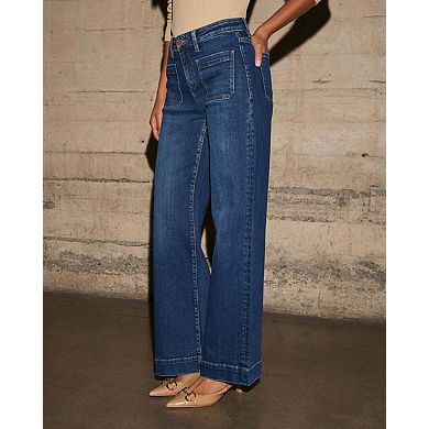Women's Wide Leg Jeans High Waisted Straight Leg Stretchy Denim Pants with Pockets