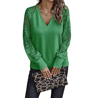 Women's V-Neck Knit Sweater with Lace Insets Loose Fit Long Sleeve Casual Top
