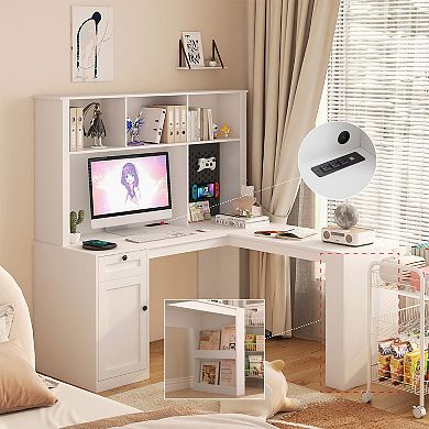 L Shaped Computer Desk with Charger, Modern Corner Bookshelf with Drawers for Home Office