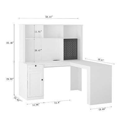 L Shaped Computer Desk with Charger, Modern Corner Bookshelf with Drawers for Home Office