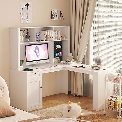 L Shaped Computer Desk with Charger, Modern Corner Bookshelf with Drawers for Home Office