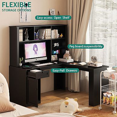 L Shaped Computer Desk with Charger, Modern Corner Bookshelf with Drawers for Home Office