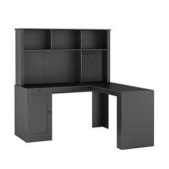 L Shaped Computer Desk with Charger, Modern Corner Bookshelf with Drawers for Home Office
