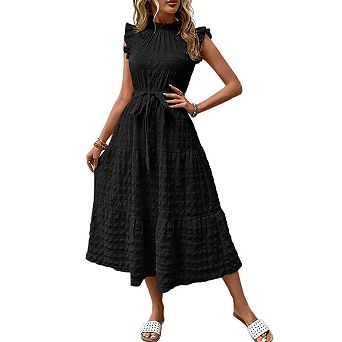 Women's Stand Collar Ruffle Sleeve Maxi Dress A-Line Ruffled Hem Summer Casual Belted Dress