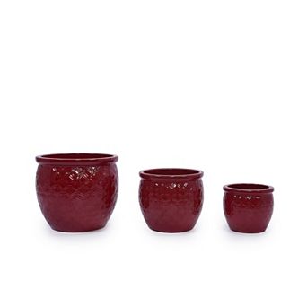 Handmade Ceramic Flower Pot Set of 3, 15/12/10 Inch Red Planter for Indoor Outdoor Plants