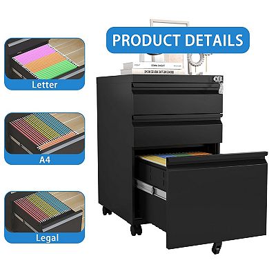 3 Drawer Mobile File Cabinet with Lock,Metal Filing Cabinets for Home Office Organizer