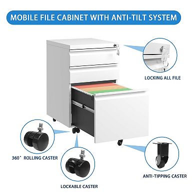 3 Drawer Mobile File Cabinet with Lock,Metal Filing Cabinets for Home Office Organizer
