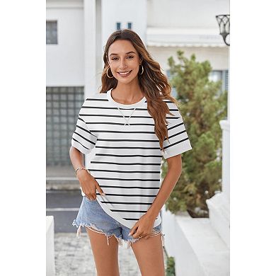 Zeagoo Women's Casual Oversized Short Sleeve Sweatshirt Striped Crewneck Pullover Loose Tops