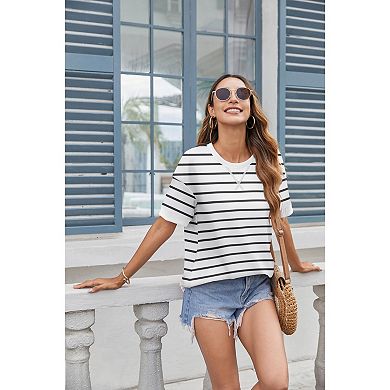 Zeagoo Women's Casual Oversized Short Sleeve Sweatshirt Striped Crewneck Pullover Loose Tops