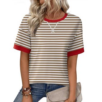 Zeagoo Women's Casual Oversized Short Sleeve Sweatshirt Striped Crewneck Pullover Loose Tops
