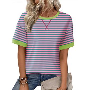 Zeagoo Women's Casual Oversized Short Sleeve Sweatshirt Striped Crewneck Pullover Loose Tops