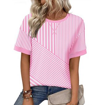 Zeagoo Women's Casual Oversized Short Sleeve Sweatshirt Striped Crewneck Pullover Loose Tops
