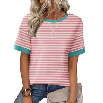 Zeagoo Women's Casual Oversized Short Sleeve Sweatshirt Striped Crewneck Pullover Loose Tops