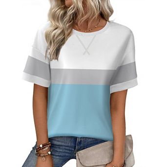 Zeagoo Women's Casual Oversized Short Sleeve Sweatshirt Striped Crewneck Pullover Loose Tops