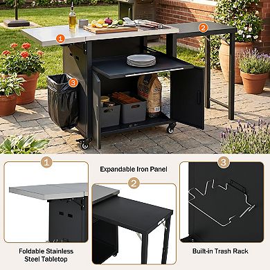 Foldable Outdoor BBQ Cart with Prep Station, Trash Rack & Storage Space Portable Grill Island