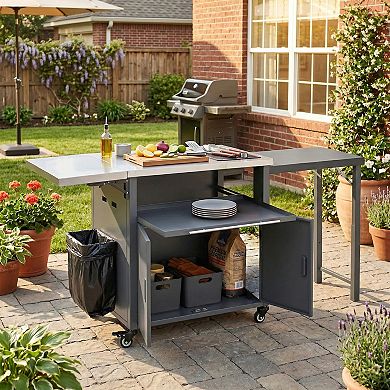 Foldable Outdoor BBQ Cart with Prep Station, Trash Rack & Storage Space Portable Grill Island