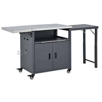 Foldable Outdoor BBQ Cart with Prep Station, Trash Rack & Storage Space Portable Grill Island