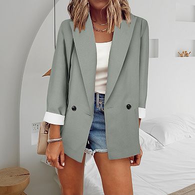 Women's Long Sleeve Solid Blazer - Classic Single-Breasted Office Jacket
