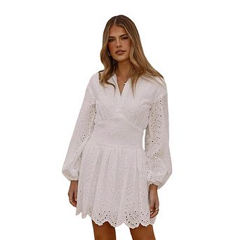 Womens Mini Dresses V Neck Long Sleeve Ruffle Hollow Out Lace Casual Outfit Party Wedding Dress