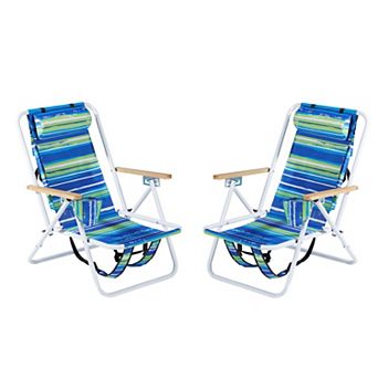 2 pc Folding Beach Chair, 4 Position Portable Backpack Foldable Camping Chair with Headrest Cup Hold