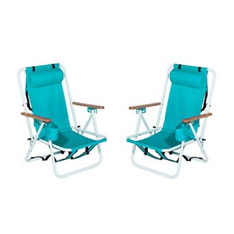 2 pc Folding Beach Chair, 4 Position Portable Backpack Foldable Camping Chair with Headrest Cup Hold