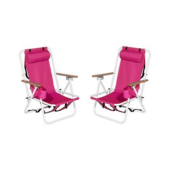 2 pc Folding Beach Chair, 4 Position Portable Backpack Foldable Camping Chair with Headrest Cup Hold