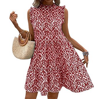 Women Summer Abstract Print Sleeveless Mock Neck Ruffle Dress Loose Casual Dress Daily Commute Dress