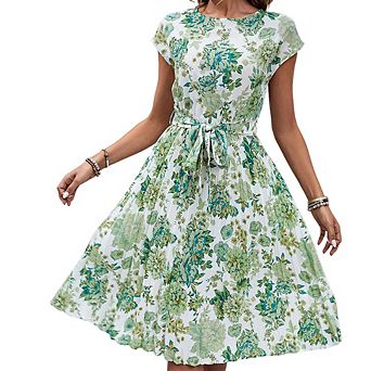 Women Summer Fashion Casual Simple Print Dress Short Sleeve Waist Tie Dress Pleated Flowy Midi Dress