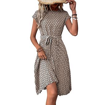 Women Summer Fashion Casual Simple Print Dress Short Sleeve Waist Tie Dress Pleated Flowy Midi Dress