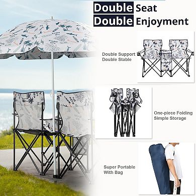 Folding Double Camping Chair, w/Umbrella Beverage Holder Carrying Bag Cooler Table for Beach Pool