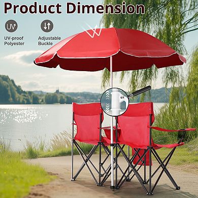 Folding Double Camping Chair, w/Umbrella Beverage Holder Carrying Bag Cooler Table for Beach Pool